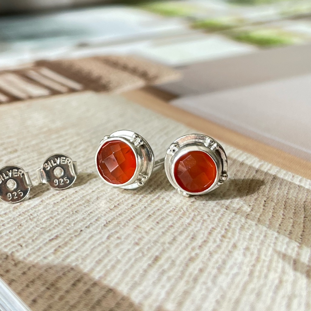 925 Sterling Silver Natural Carnelian Stud Earrings! B O H O